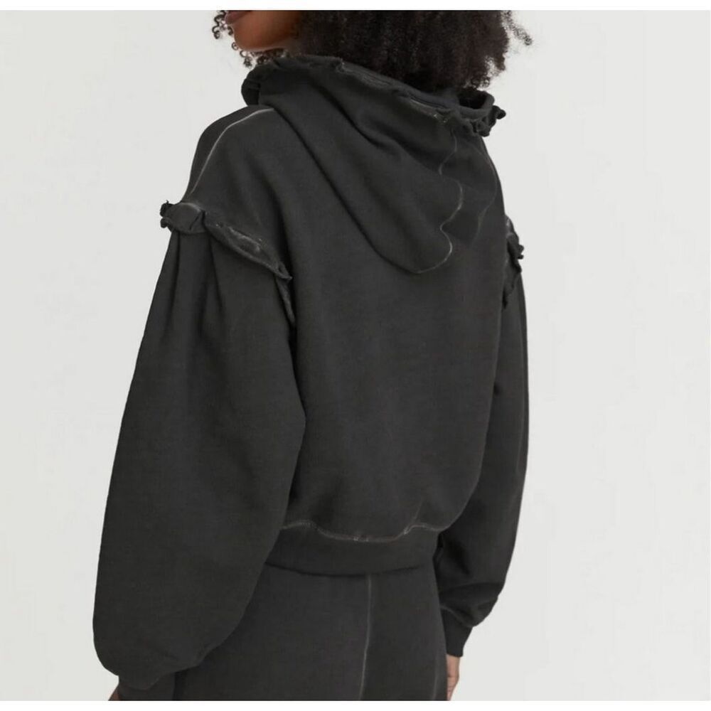 Something Navy Taylor Ruffled Hooded Sweatshirt Charcoal Gray Crop Small Hoodie